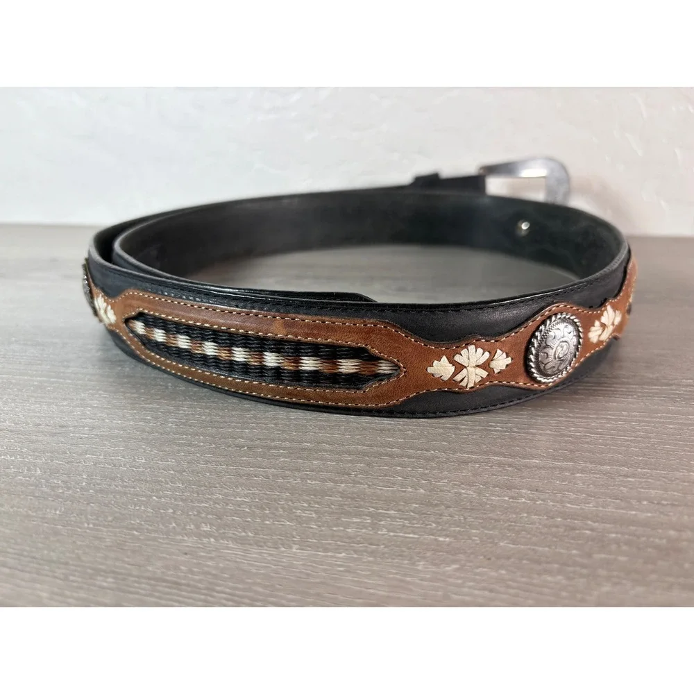 Justin Men's Black‎ Brown Leather Western Belt- Silver Concho- SIze 34